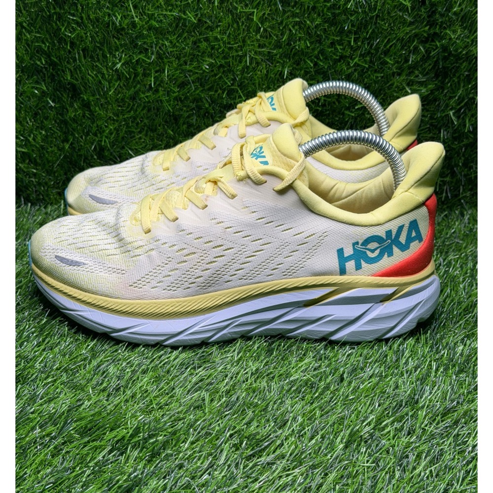 Hoka One One Clifton 8 Mens size 7 Yellow Primrose Scuba Blue Running Shoes